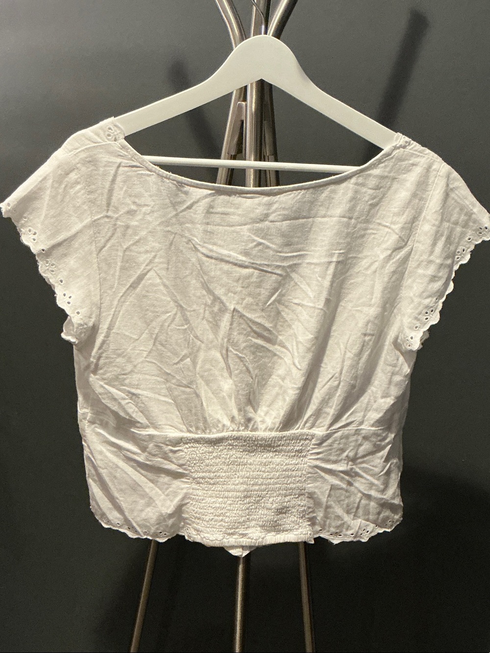 Linen/Rayon White Eyelet-Trim Button Front Blouse - Picture 6 of 7